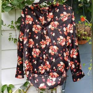Scotch & Soda Black Satin Blouse with Red and Cream Floral Print